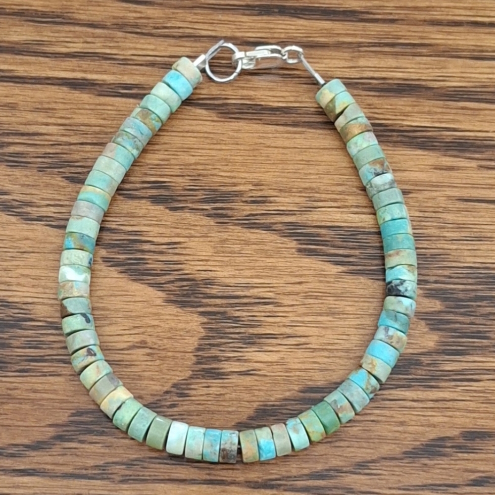 Bracelet Heishi Turquoise Nevada Green Beaded Small 6.5" Sterling Silver